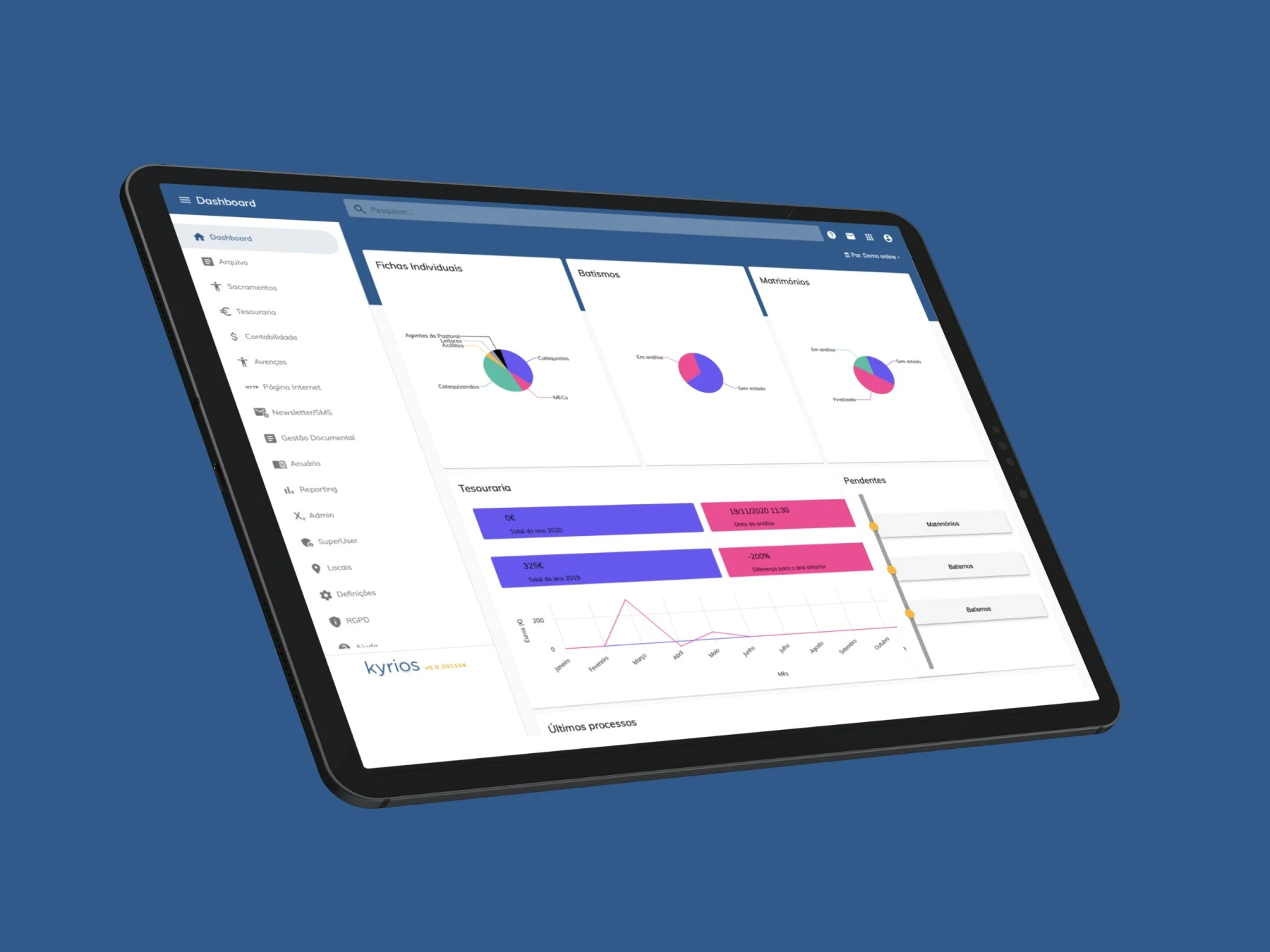 Tableau de bord de gestion Kyrios ChMS sur une tablette